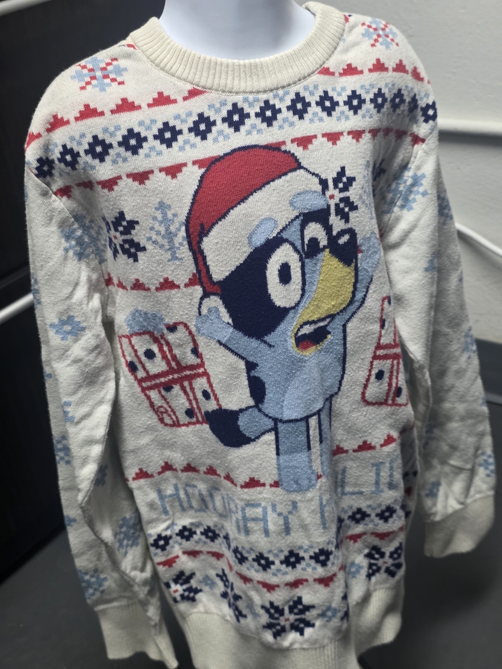 Lucy Cream Holiday Sweater with Blue Cartoon Bird and Red Accents